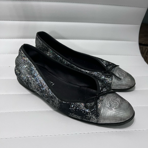 CHANEL Shoes - Chanel Iridescent Black and Silver Ballet Flats